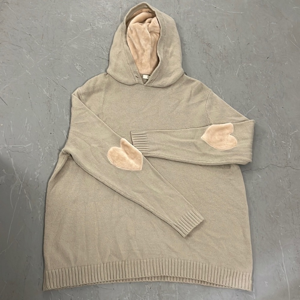 Easel Women Soft Hoodie Fleece Heart elbow pads lining Oversized Beige - S/M